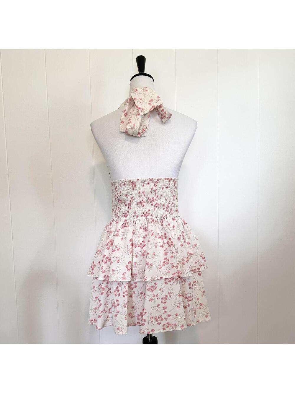 Unbranded Pink Daisy Floral Smocked Ruffle Halter Mini Dress Women's Small - Picture 3 of 3